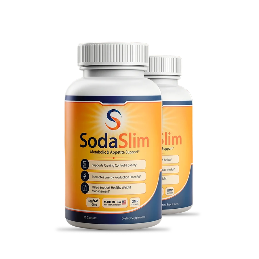 SodaSlim capsules, two white bottles with amber wraps photographed together