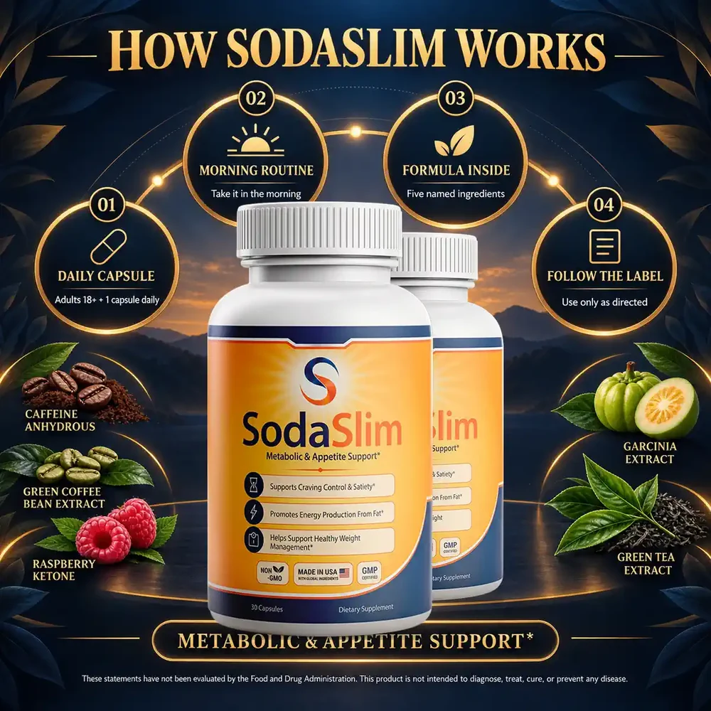 The How SodaSlim Works listing card, describing the four support claims printed on the bottle