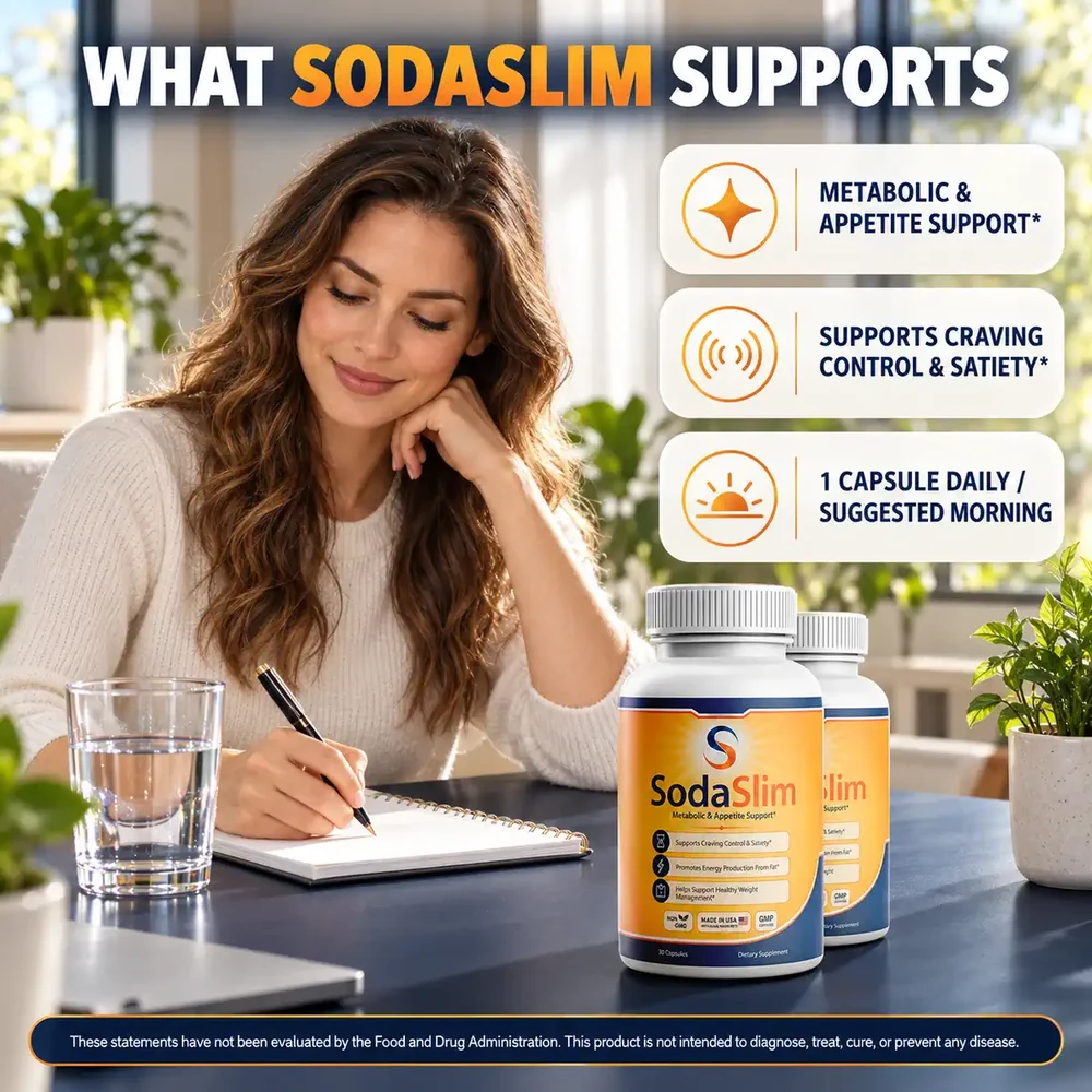 The What SodaSlim Supports listing card, restating the four support claims printed on the bottle