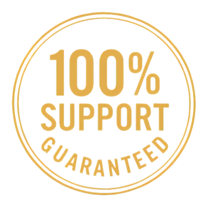 A blue rosette badge reading 100% support guaranteed, supplied in the marketing pack