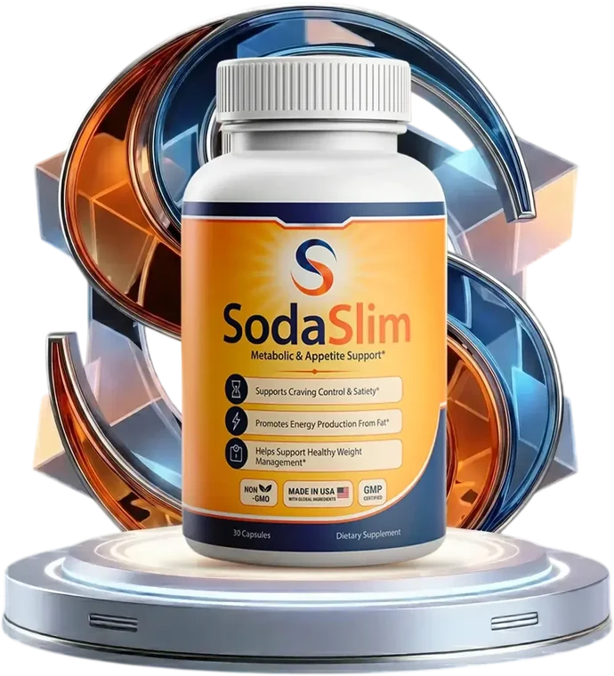 SodaSlim metabolic and appetite support capsules, a white bottle with an amber wrap on a plinth
