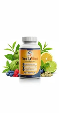 A bottle of SodaSlim capsules standing on a plain surface in daylight