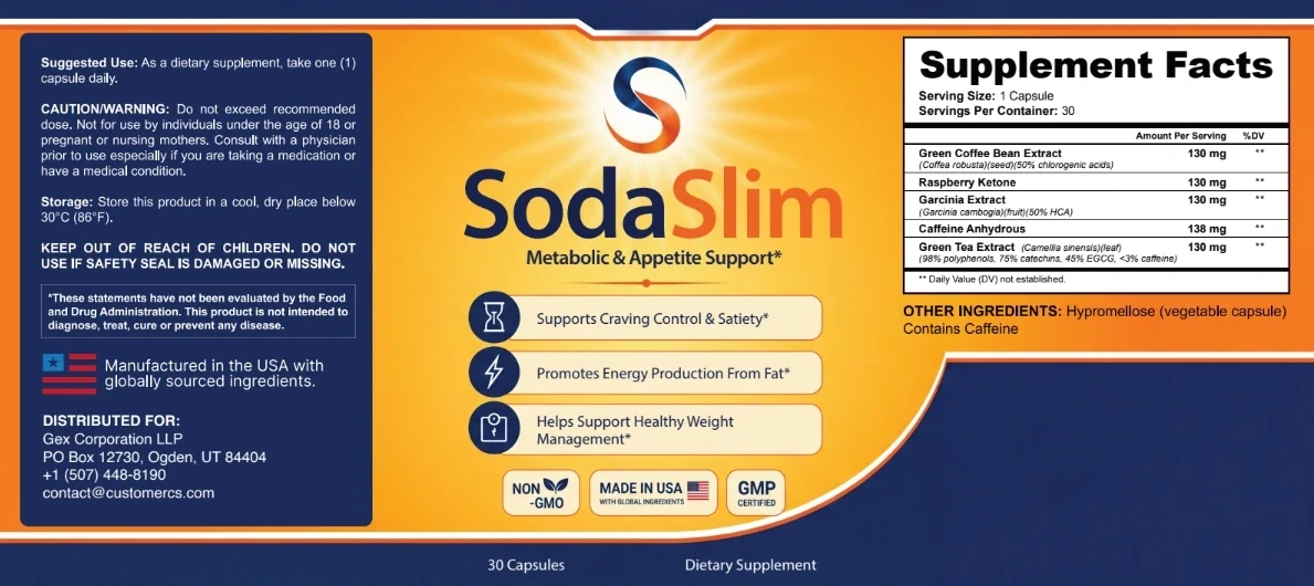 The full SodaSlim wrap label: suggested use, caution, storage, the FDA statement, the front panel and the Supplement Facts
